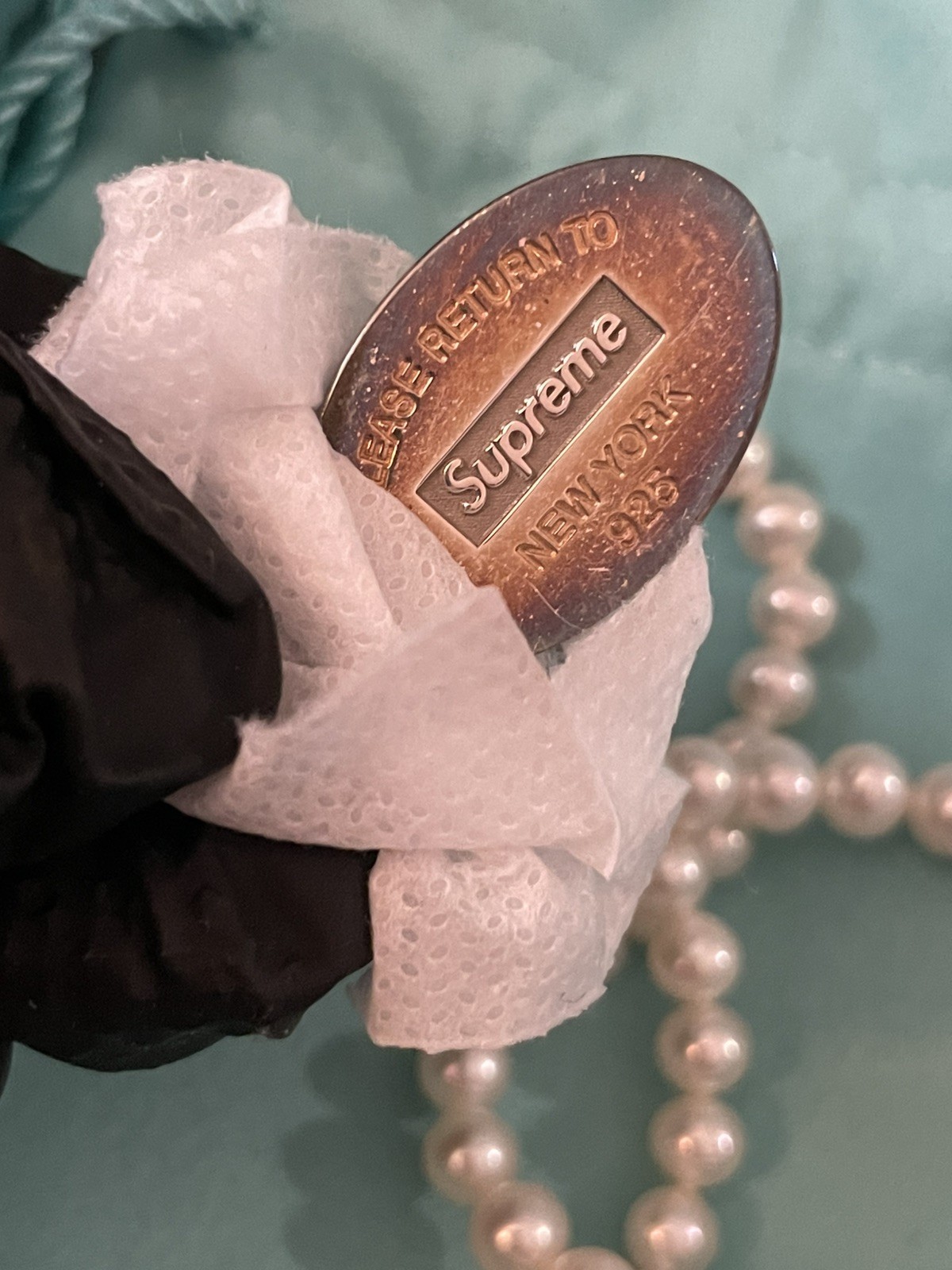 SUPREME TIFFANY & CO. OVAL TAG PEARL 925 STERLING SILVER 51 CM LENGTH NECKLACE