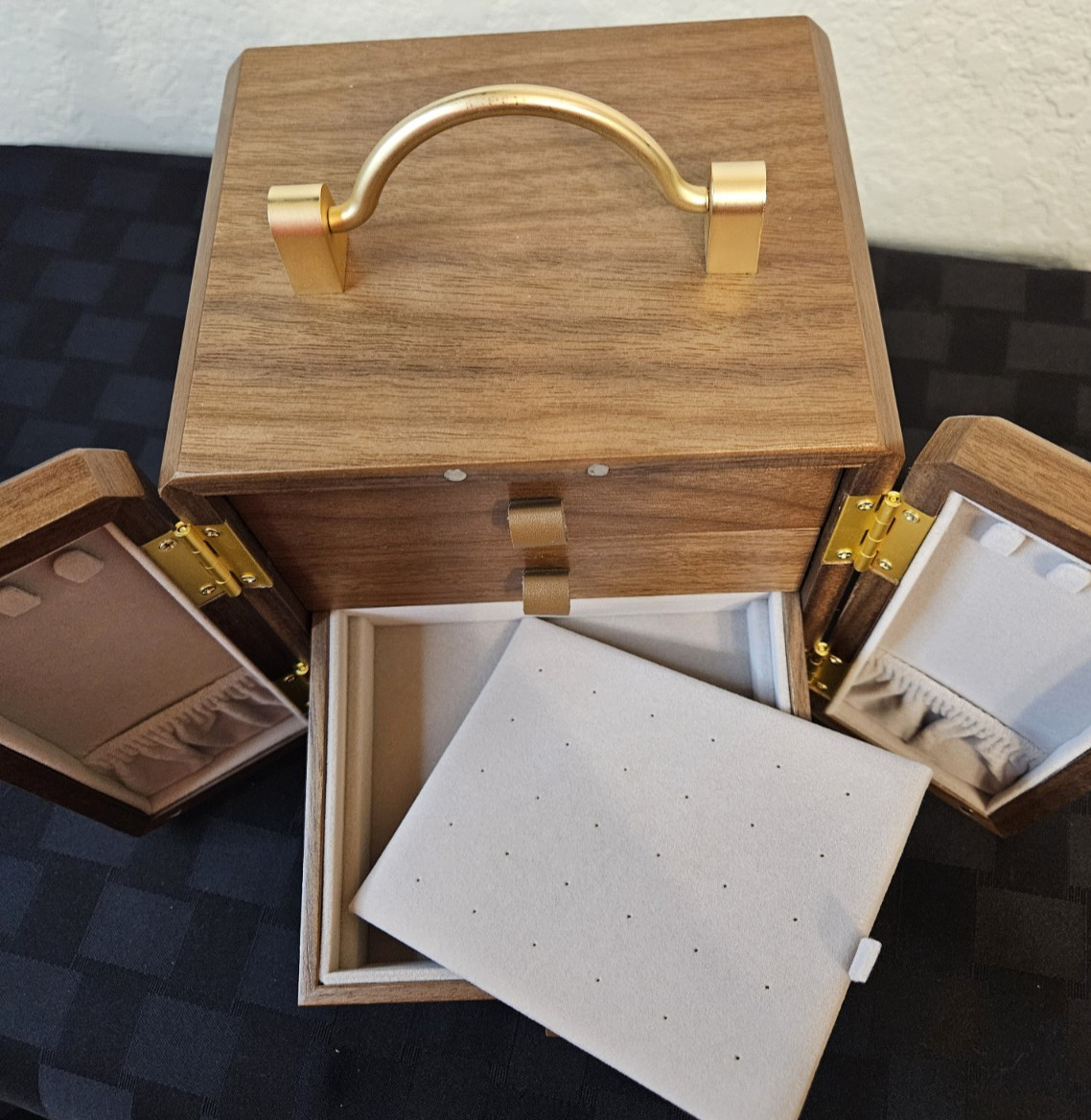 Black Walnut Wooden Jewelry Organizer With Painted Mirror Doors & Brass Handles
