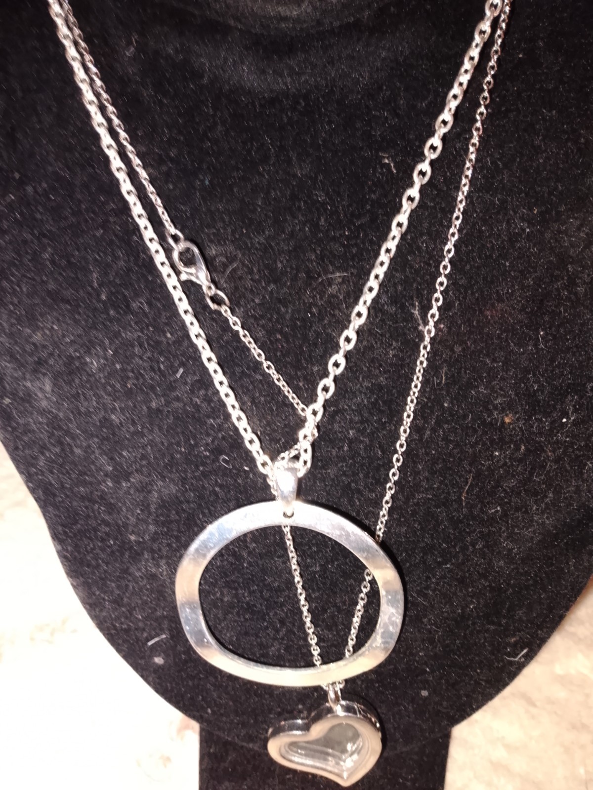 Silver Tone Layered Cable Chain Necklace Circle Pendant Heart Charm Love