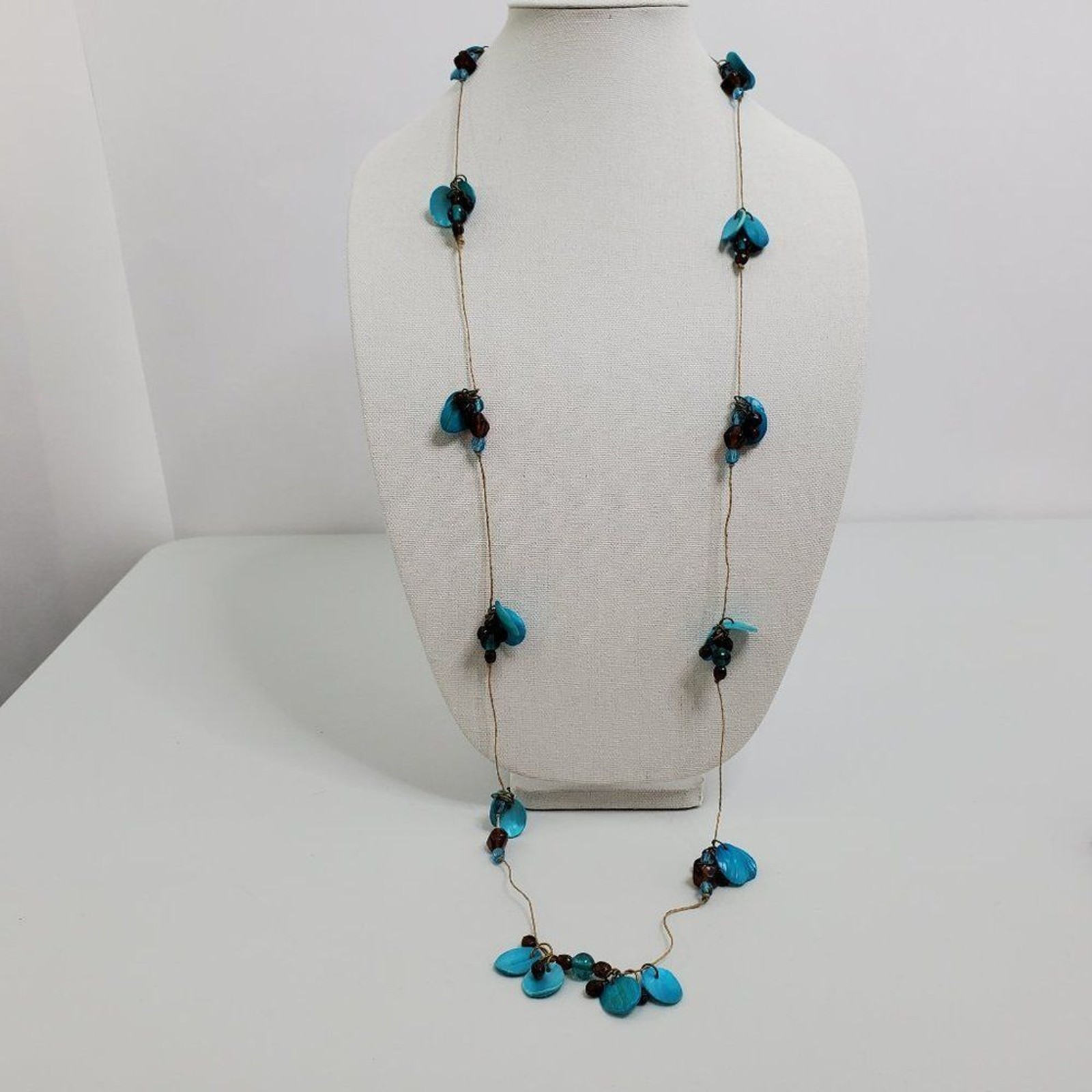 Mother of Pearl Beaded Blue Brown Long Cord Shell Round Wrap Around