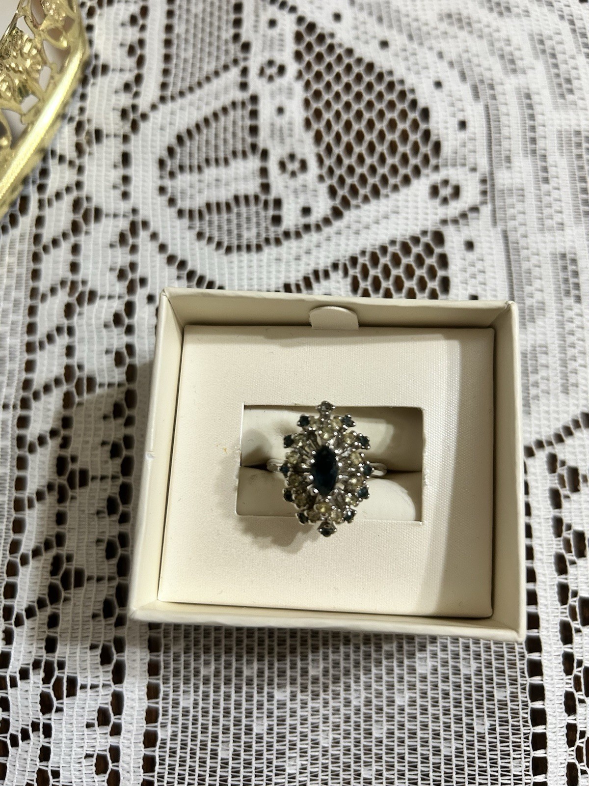 Vintage Art Deco Style Marquise Cut Blue Sapphire and rhinestones 18 kHGE Sz8