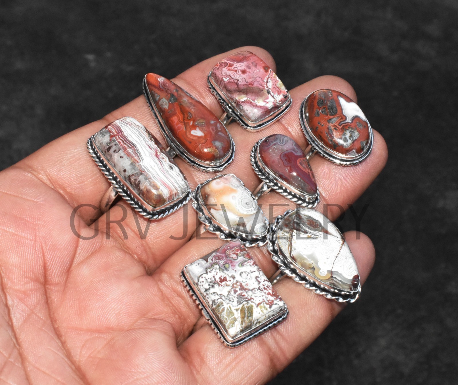 1-500 Pcs Crazy Lace Agate In Wholesale Rings Lot Bulk: Silver Plated Whr-79
