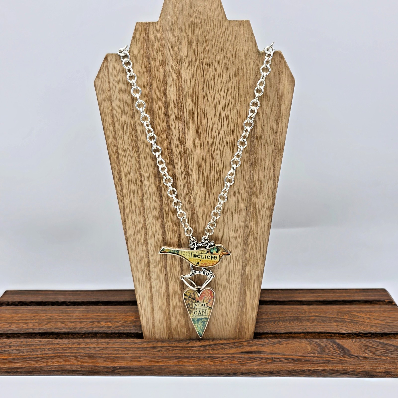 Plunder BELIEVE YOU CAN Silver Bird & Heart Pendant Mixed Media Necklace 30”