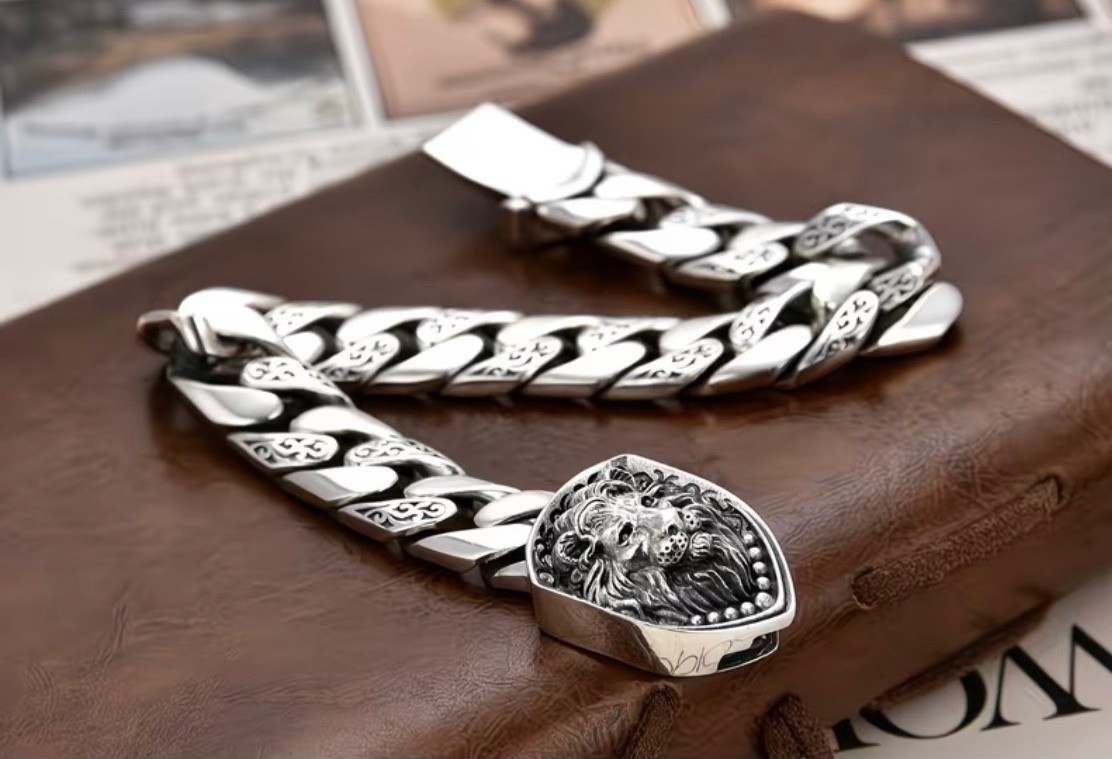 Men’s Lion Bracelet Cuban Chain Style S925 8.7″