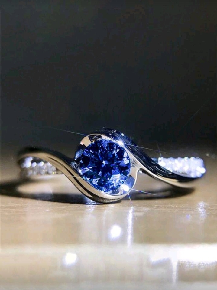 Silver-Plated Copper Blue Round CZ White/Colorless Inlay Ring Size 6