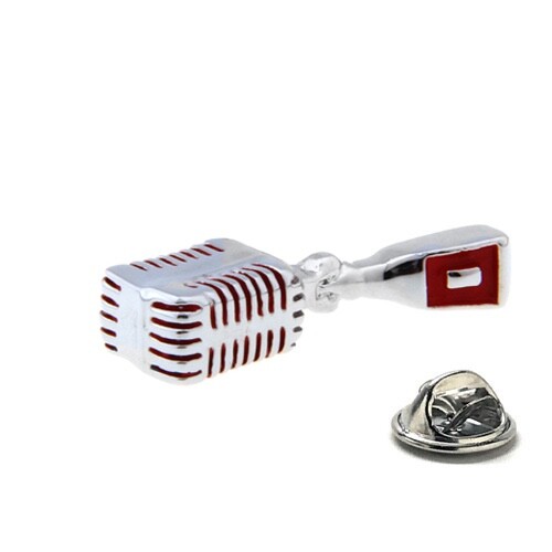 Microphone Pin Silver Red 3D Design Studio Mic Lapel Pin Recording Studio Radio