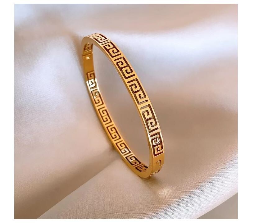 NEW WOMEN’S GREEK KEY BANGLE CUFF BRACELET STAINLESS STEEL YELLOW GOLD HINGE