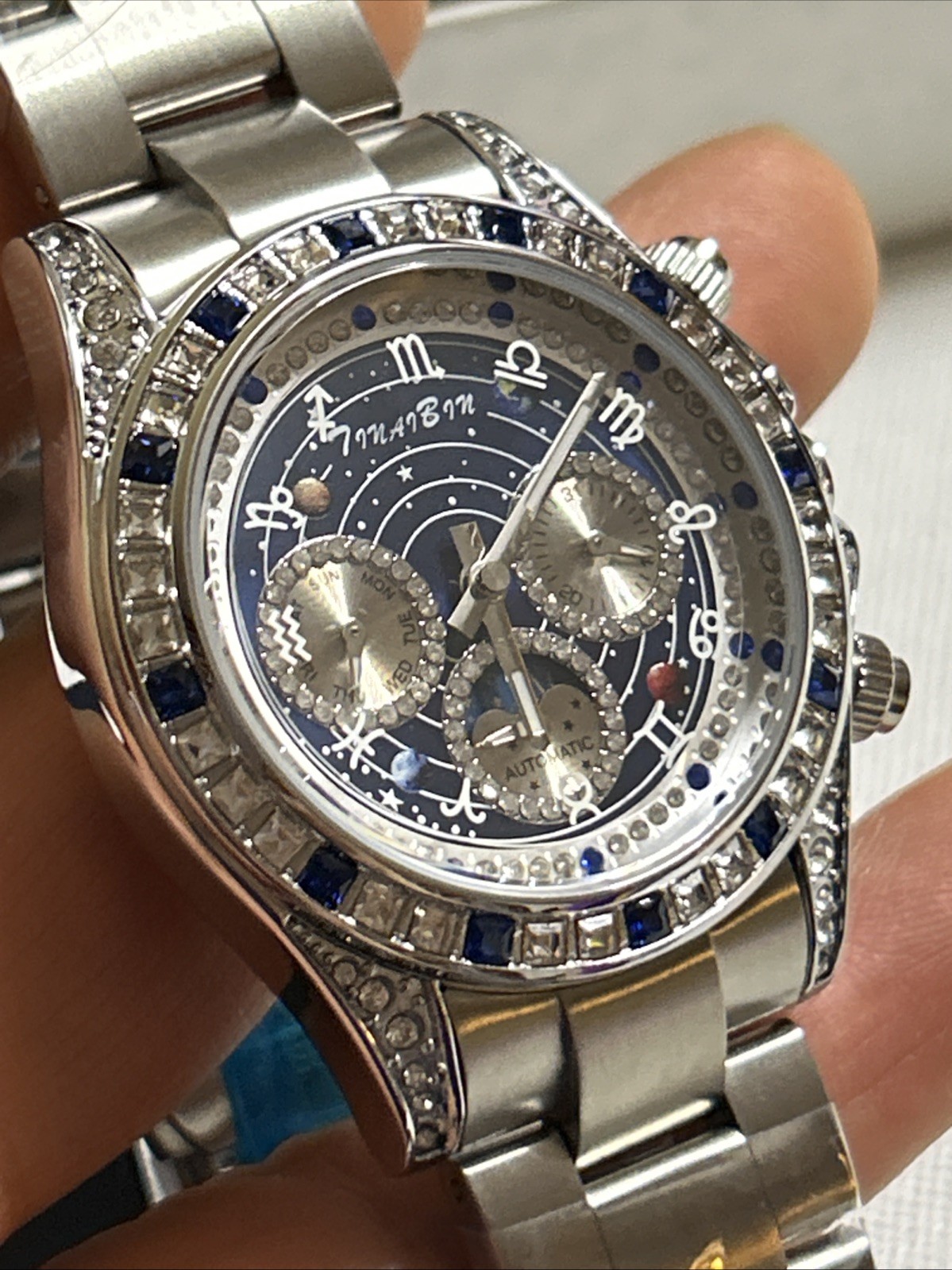 Stunning Celestial Blue Starry Dial Automatic Luxury Watch Blue Stainless