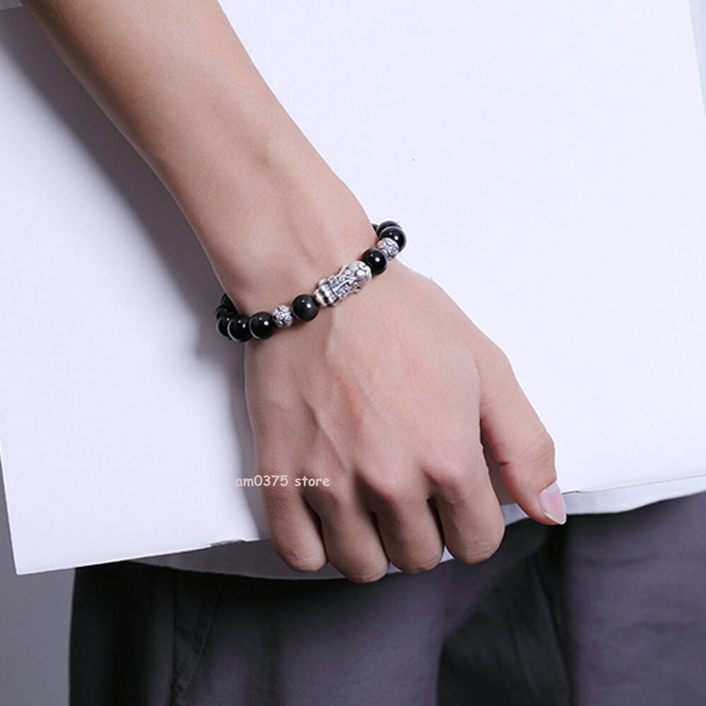 Real 999 Pure Silver Bracelet Man Women Obsidian Dragon Pixiu Beaded Link 7.1”L