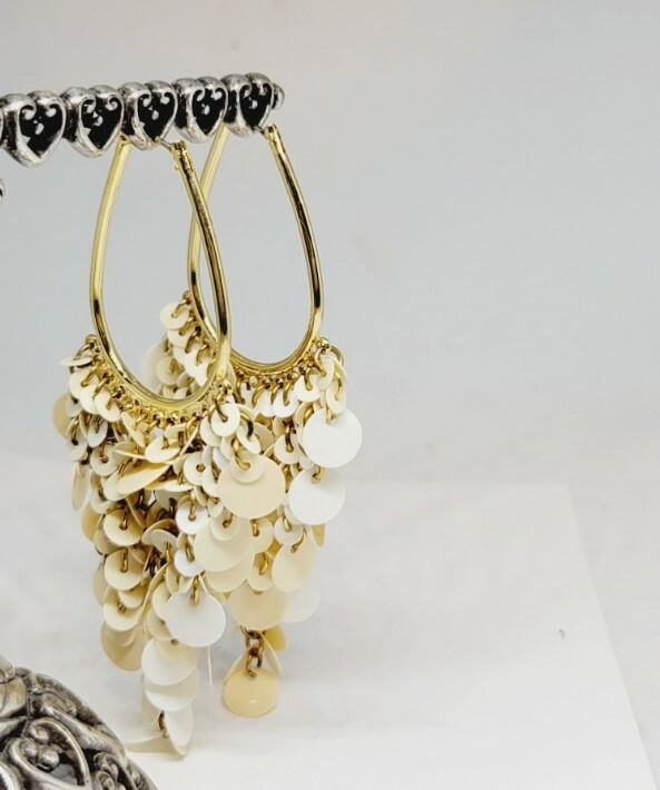 Gigi In Style Cream & White sequin Design OVAL Hoop Dangle Earrings 3.75 in Drop