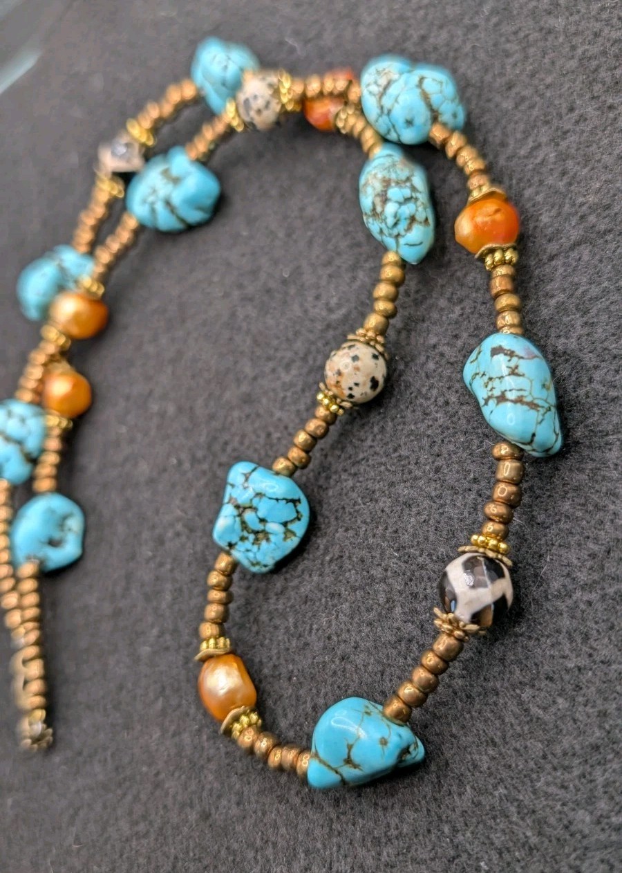 Women’s Stylish Artisan Boho Mixed Beaded Necklace 26″ Long 🧡💙🖤🤍🤎