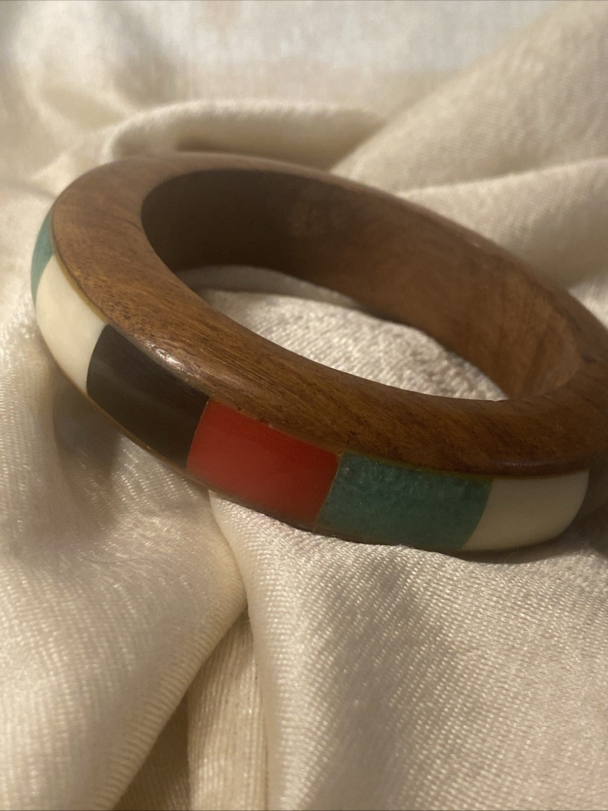 Vintage Wood Bracelet Inlaid Green Yellow Red Black Bohemian inner sz 2.75”