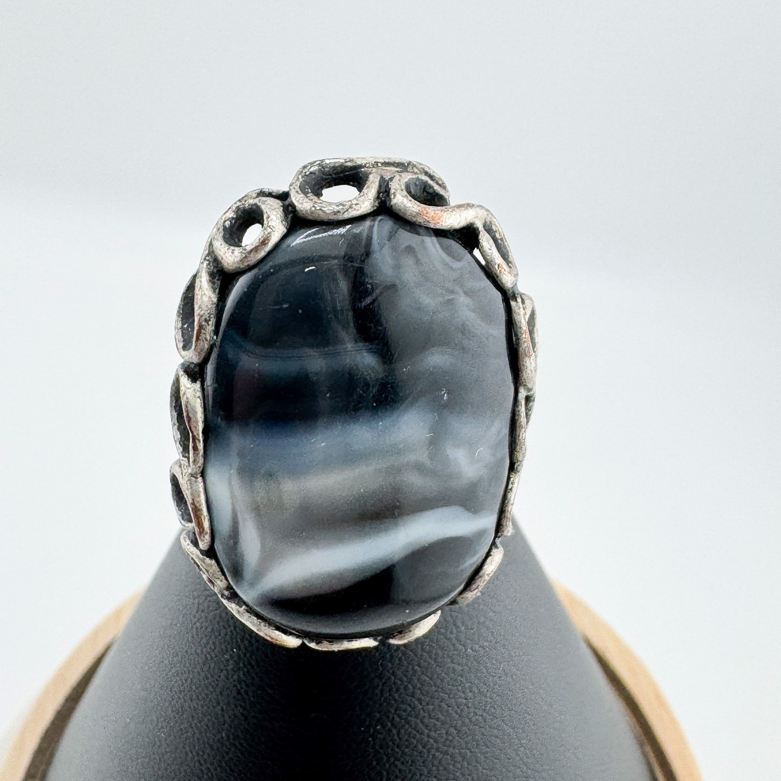Vintage Black Gray White Agate Statement Ring Timeless Unique Southwestern