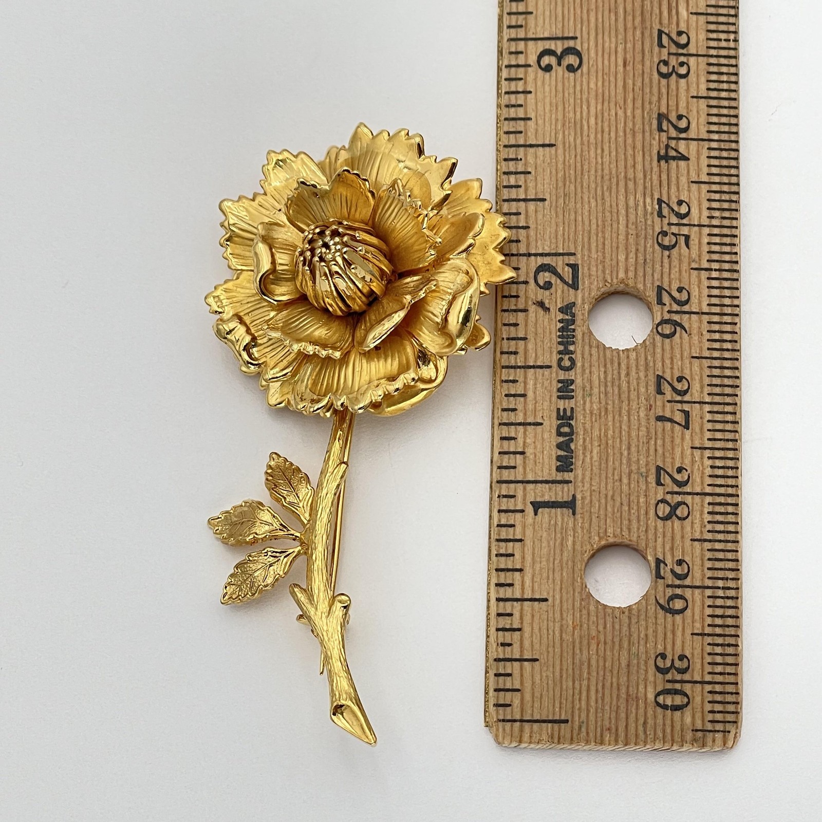 Gold Tone Layered Flower Brooch Pin Long Stem Floral Costume Jewelry