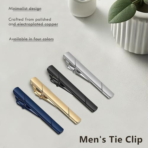 4 Pack Tie Clips for Men – Black, Gold, Blue, and Silver Tie Bar Set for