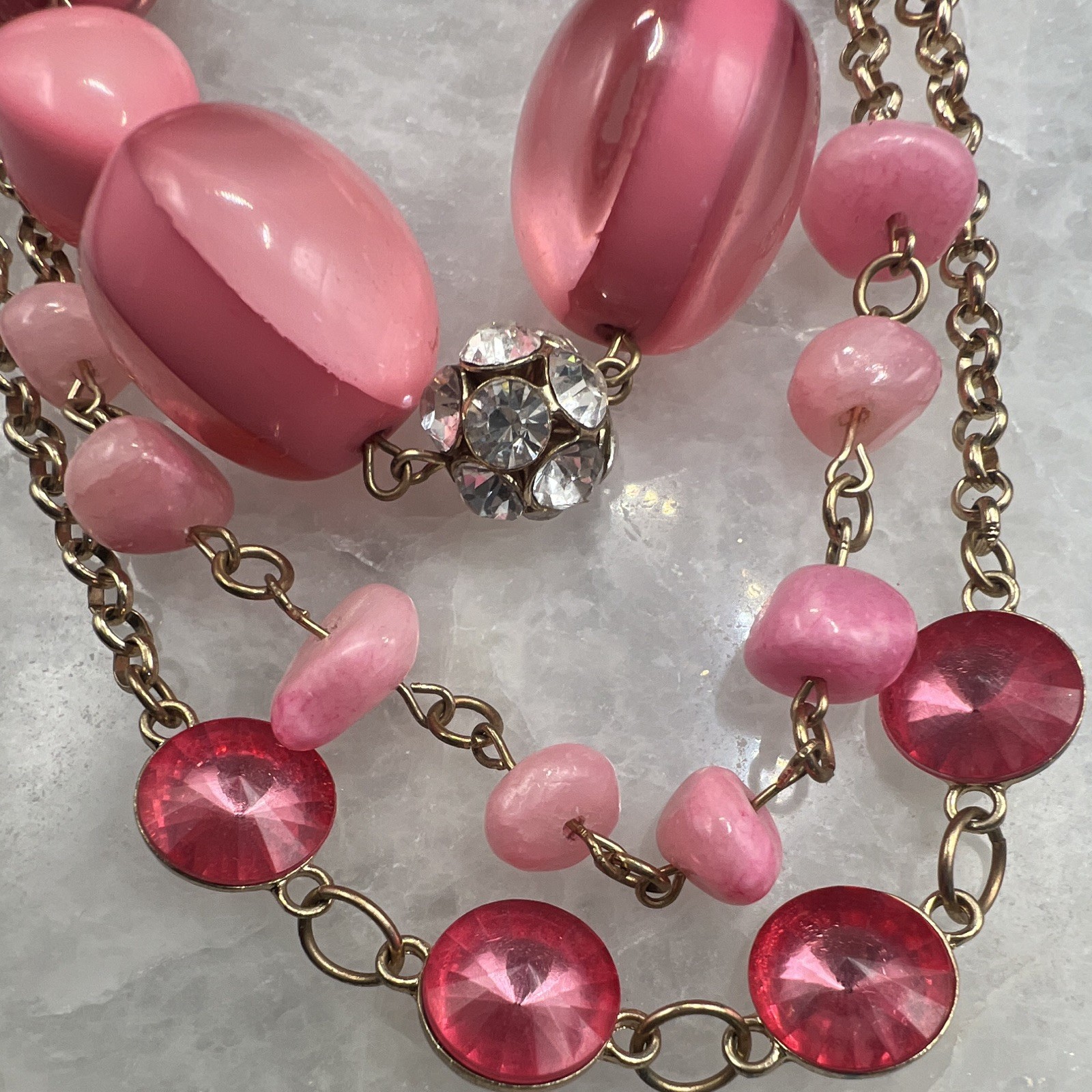 Pink Multi-Strand Beaded Cable Chain Necklace, Clear Crystal Pavé, Gold Tone