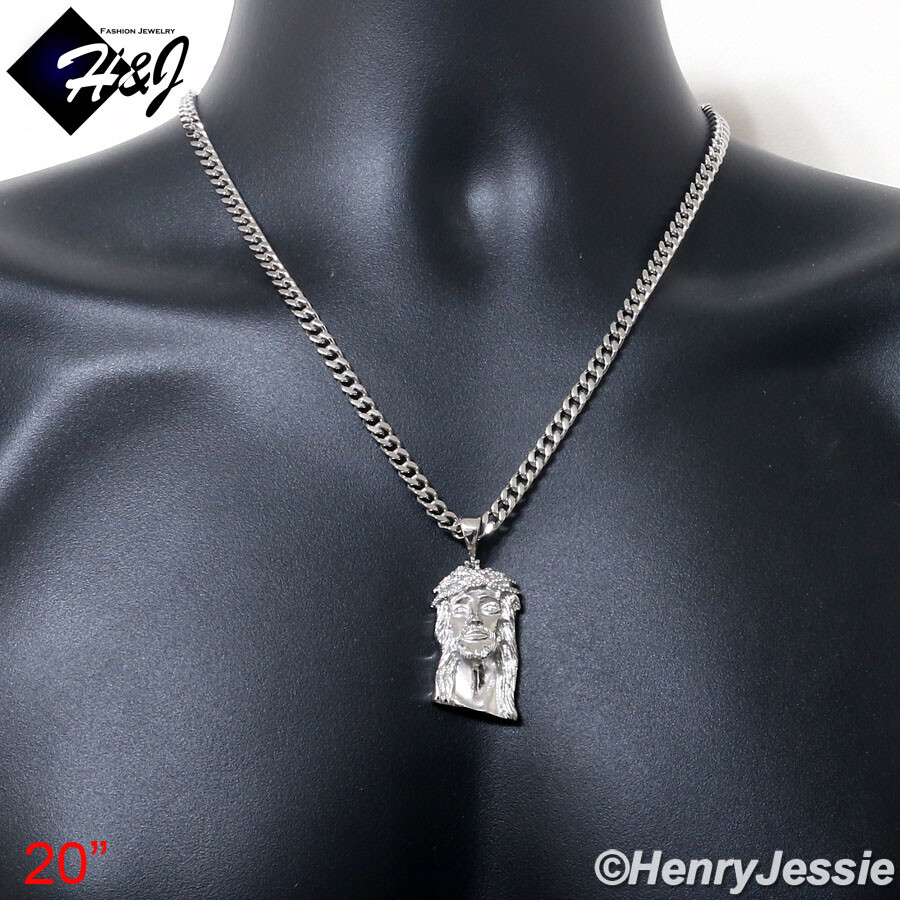 18″-40″MEN Stainless Steel 5mm Silver Cuban Curb Chain CZ Jesus Face Pendant*133