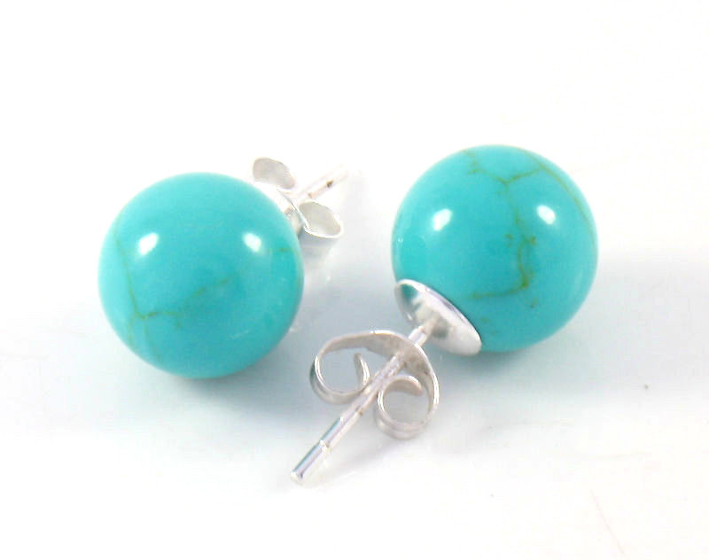 NEW .925 Sterling Silver Simple & Elegant 10mm Blue Turquoise Ball Stud Earrings