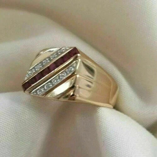 Men’s Lab Created Princess Cut Ruby Diamond Ring 14k Yellow Gold Plated Silver
