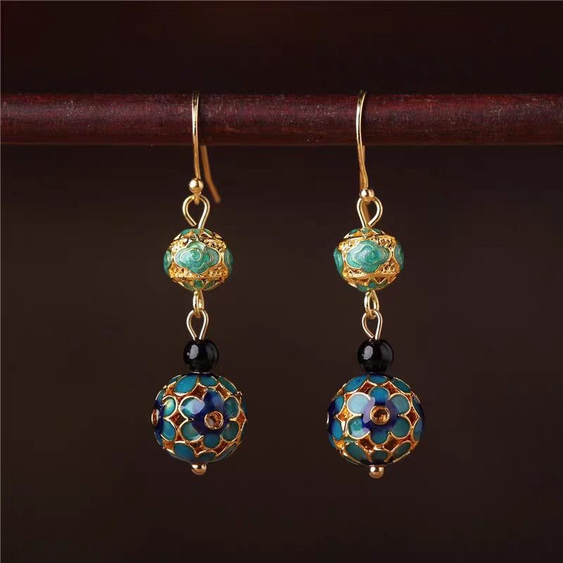Chinese Cloisonne Enamel Earrings Vintage Ethnic Dangle Earrings For Women