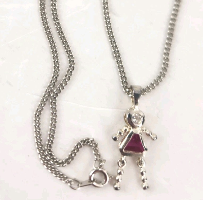 Sterling Silver Red Stone CZ Little Girl Charm Pendant July Birthstone 20″ Chain