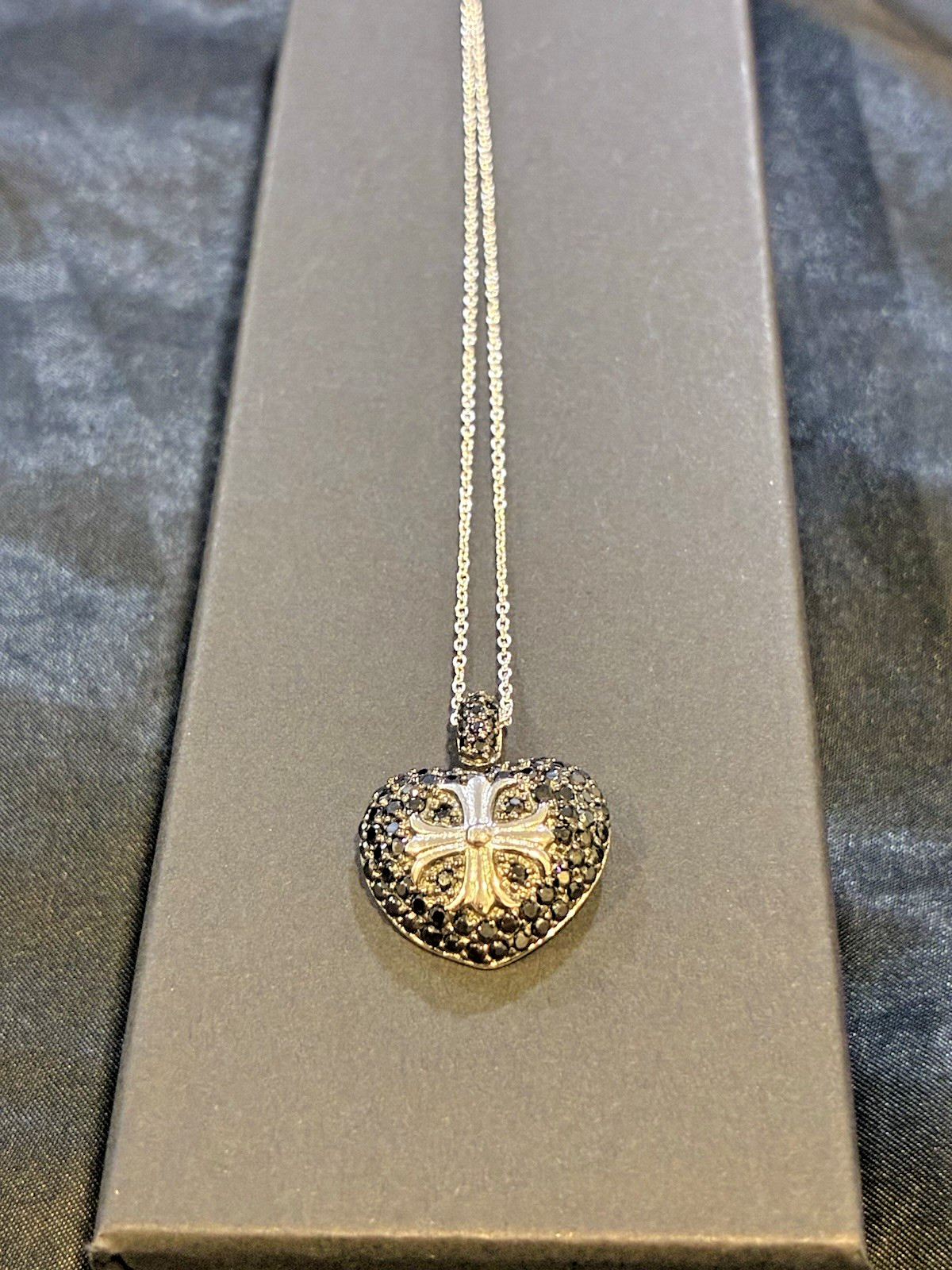 925 Sterling Silver Rhodium Black CZ Heart Cross Pendant Necklace 16″ + 2″