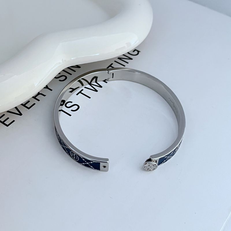 New Tory Burch Bracelet Icon T Monogram Logo Hinge Navy Blue Enamel Silver