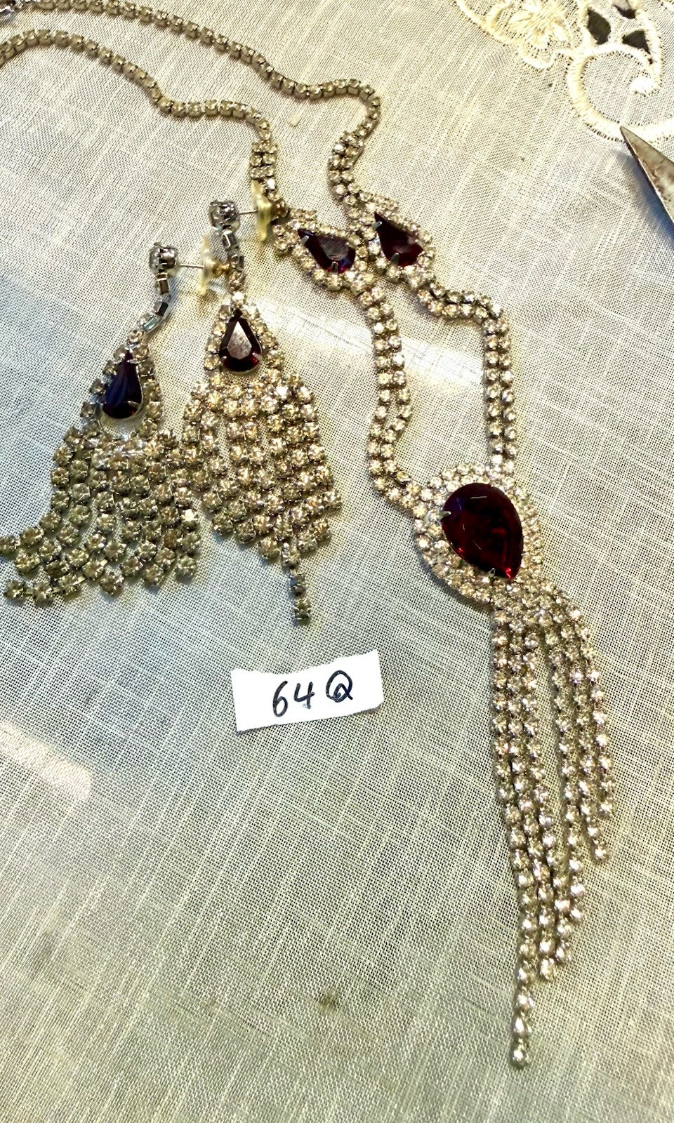 Vintage Red Rhinestone Fringe Necklace Earrings Set Silver Tone Statement Glam
