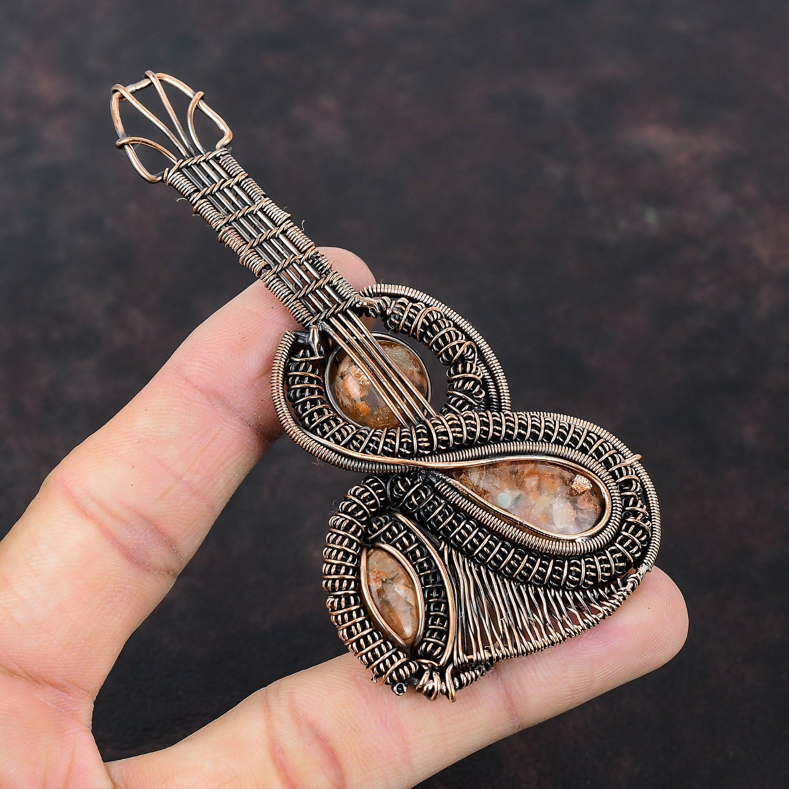 Halloween Sale Sunstone Stone Copper Anniversary Wire Wrapped Guitar New Pendant