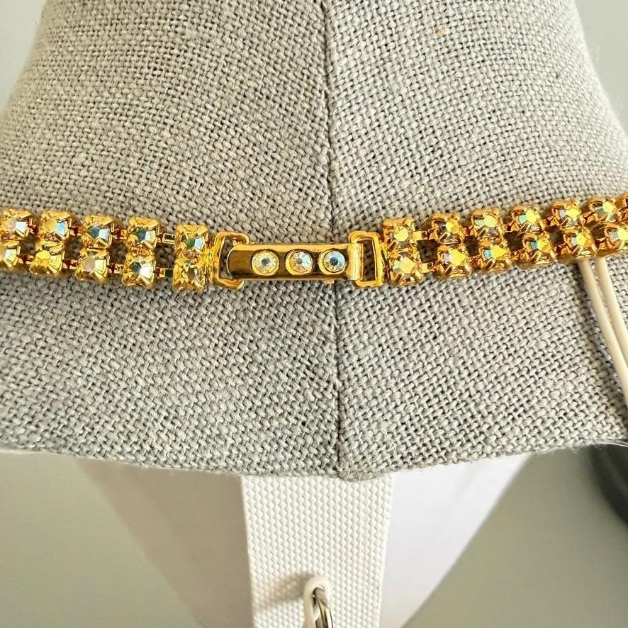 Vintage Blue White AB Rhinestone Bib Necklace 16″ Gold Tone Statement Cocktail