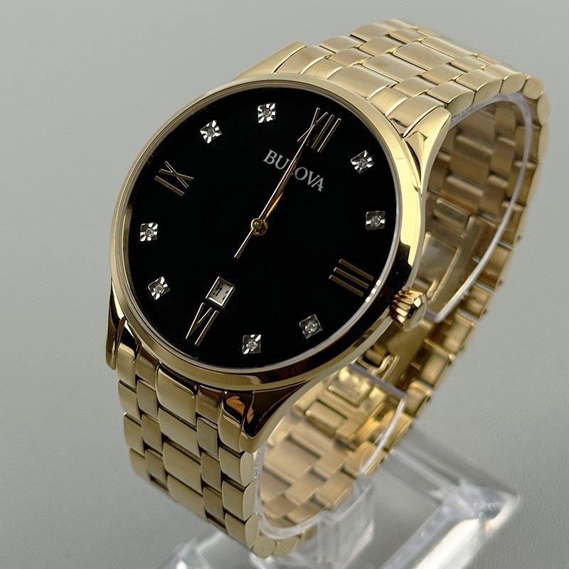 Bulova Classic 97D108 Black Diamond Dial Gold-Tone Bracelet Men’s Quartz Watch