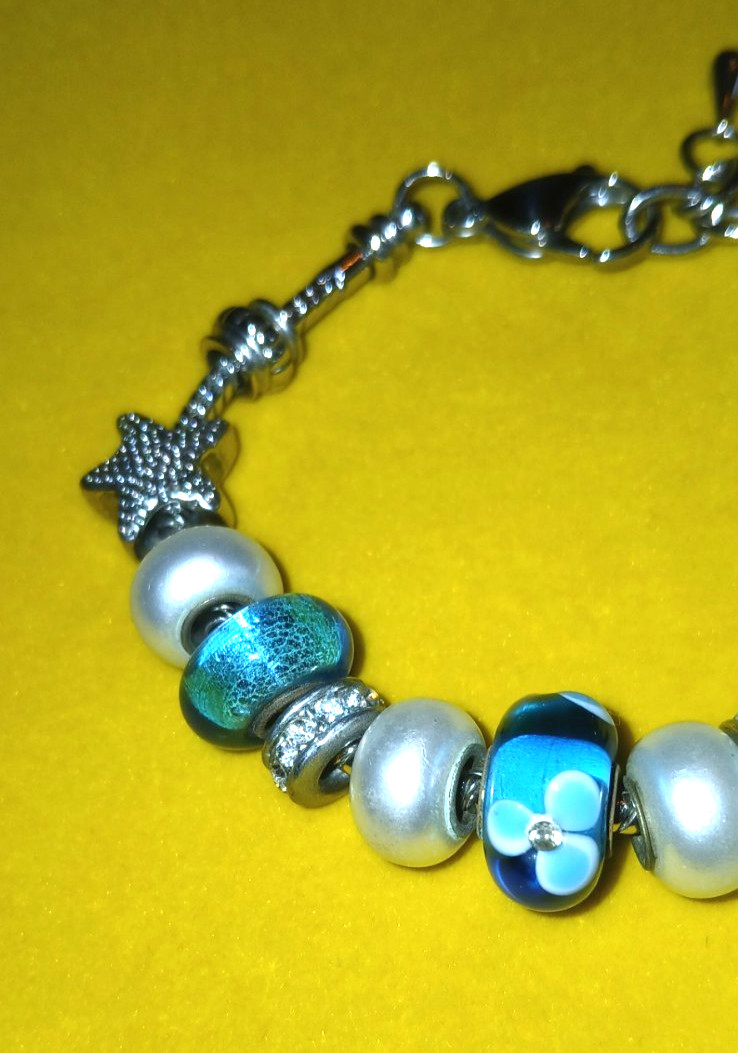 Bella Perlina Charm Bracelet Palm Tree and Star + Blue, Pearl Tone, Silver