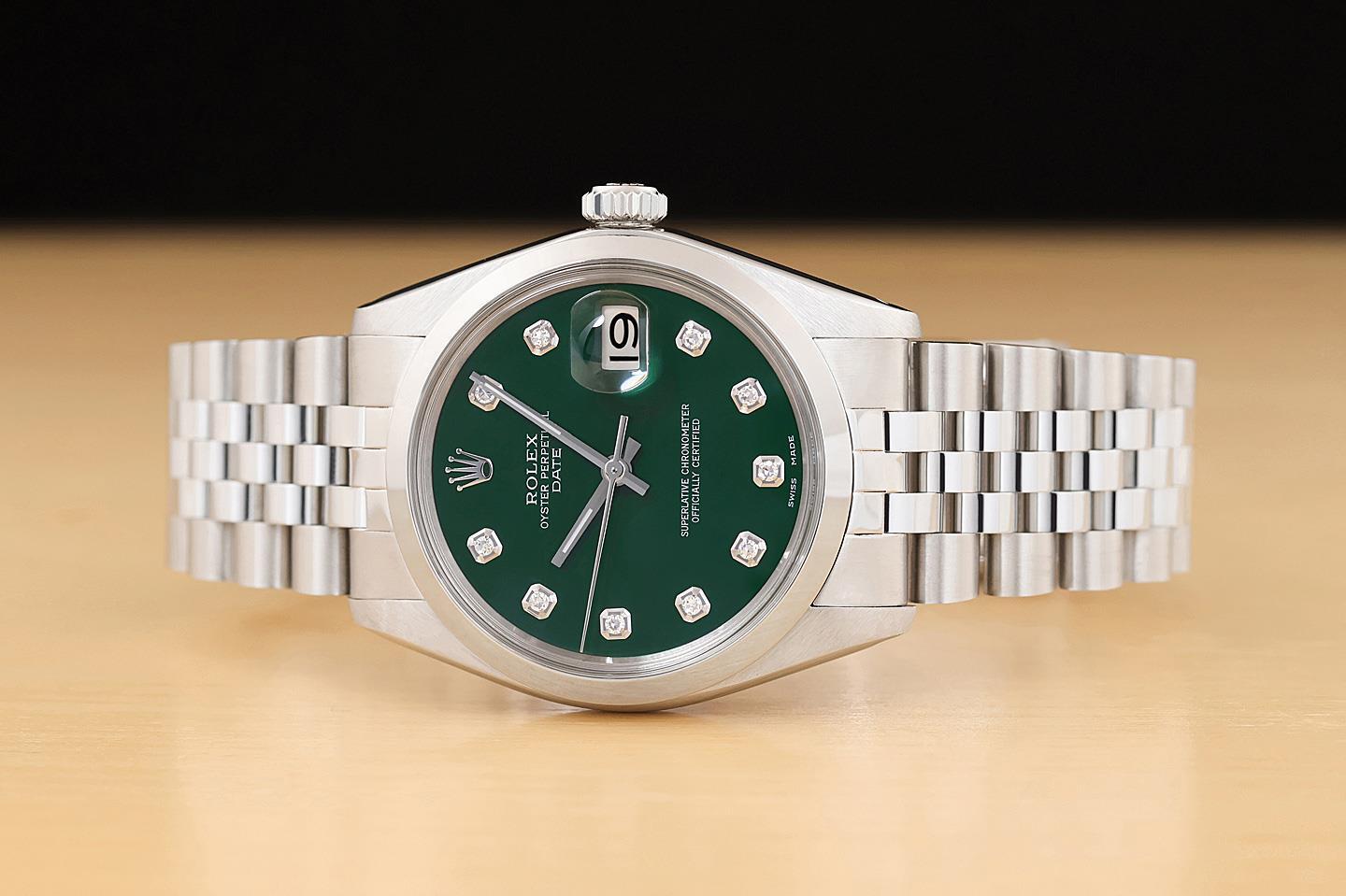 ROLEX OYSTER PERPETUAL DATE 1500 GREEN DIAMOND DIAL STAINLESS STEEL 34MM WATCH