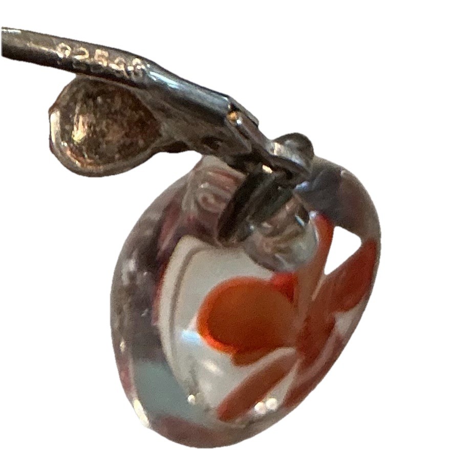 Art Glass Earrings Blood Orange Flowers .75” Pierced, Sterling Silver Lever Bk
