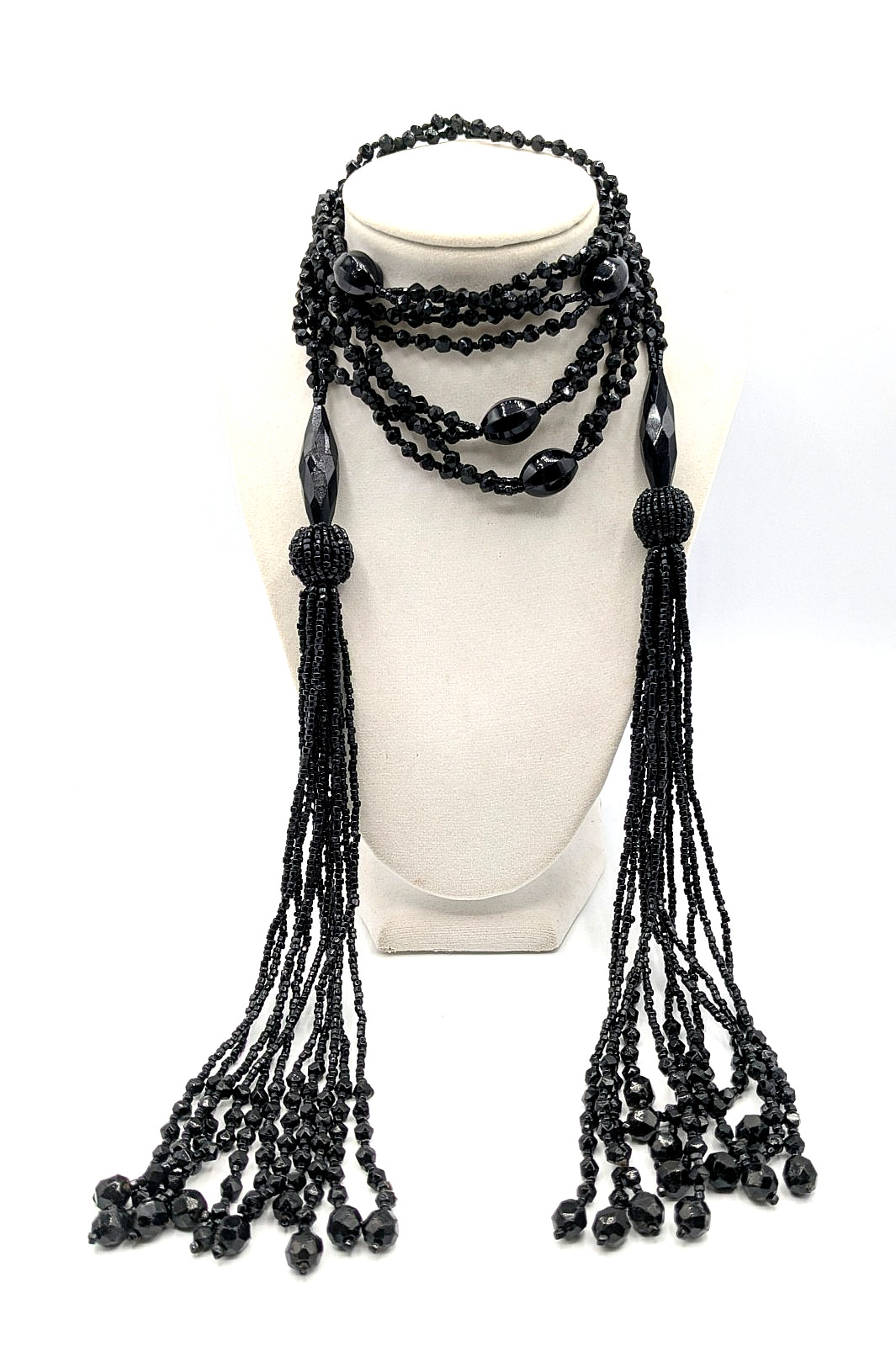 Antique Art Deco French Jet Black Glass Sautoir Open End Tassel Flapper Necklace