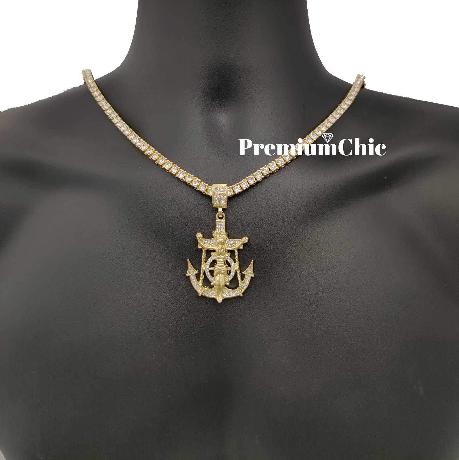 ICED Jesus Anchor & 5MM Tennis Chain Choker Plated Mens Hip Hop CZ Necklace