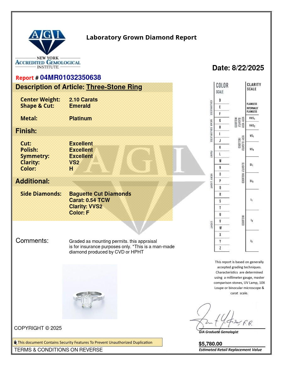 3-Stone Engagement Ring Platinum Classic 2.64 CT Emerald Lab-Grown Diamond H VS2