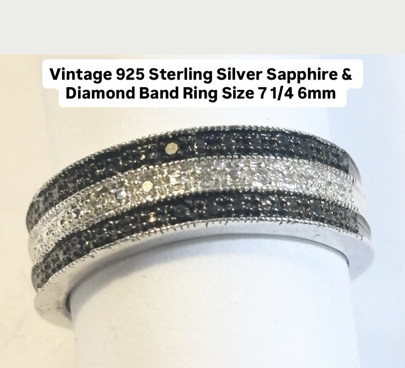 Vintage 925 Sterling Silver Sapphire Diamond Band Ring Size 7 1/4 6mm