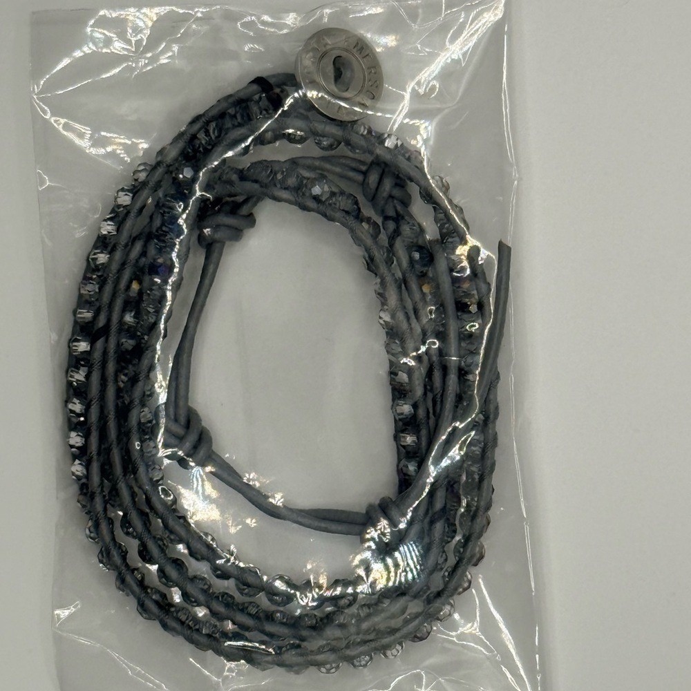 Victoria Emerson 3‑Wrap Bracelet – Iridescent Moonlight Crystals on Grey Cord