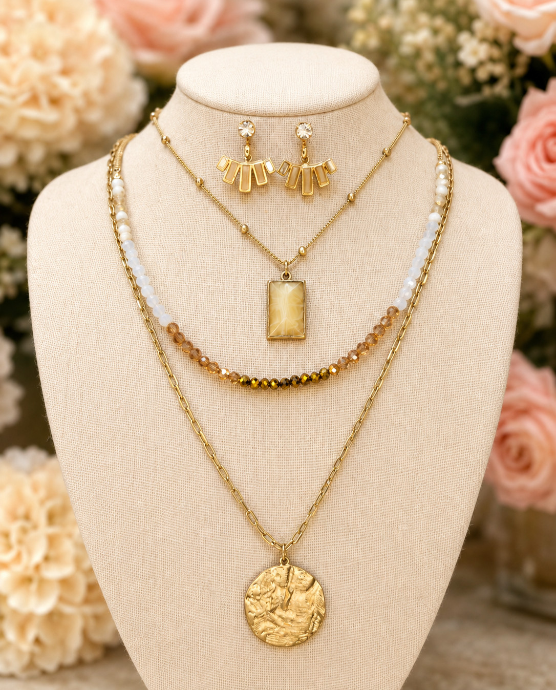 Lydell NYC Gold-Tone Layered Mixed-Media Statement Necklace & Geometric Drop Ear