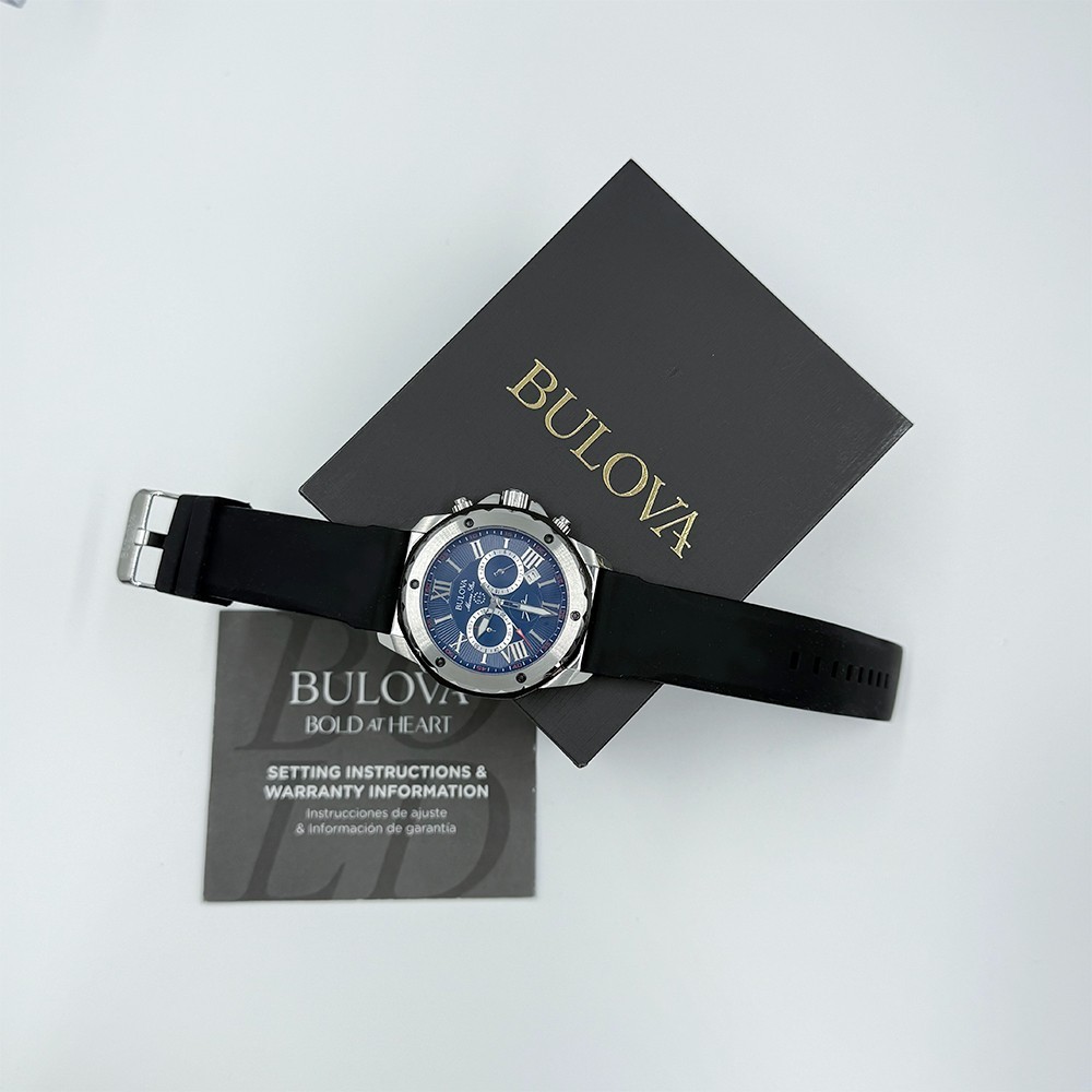 Bulova Men’s Marine Star Quartz Blue Dial Black Rubber Strap Watch 98B258