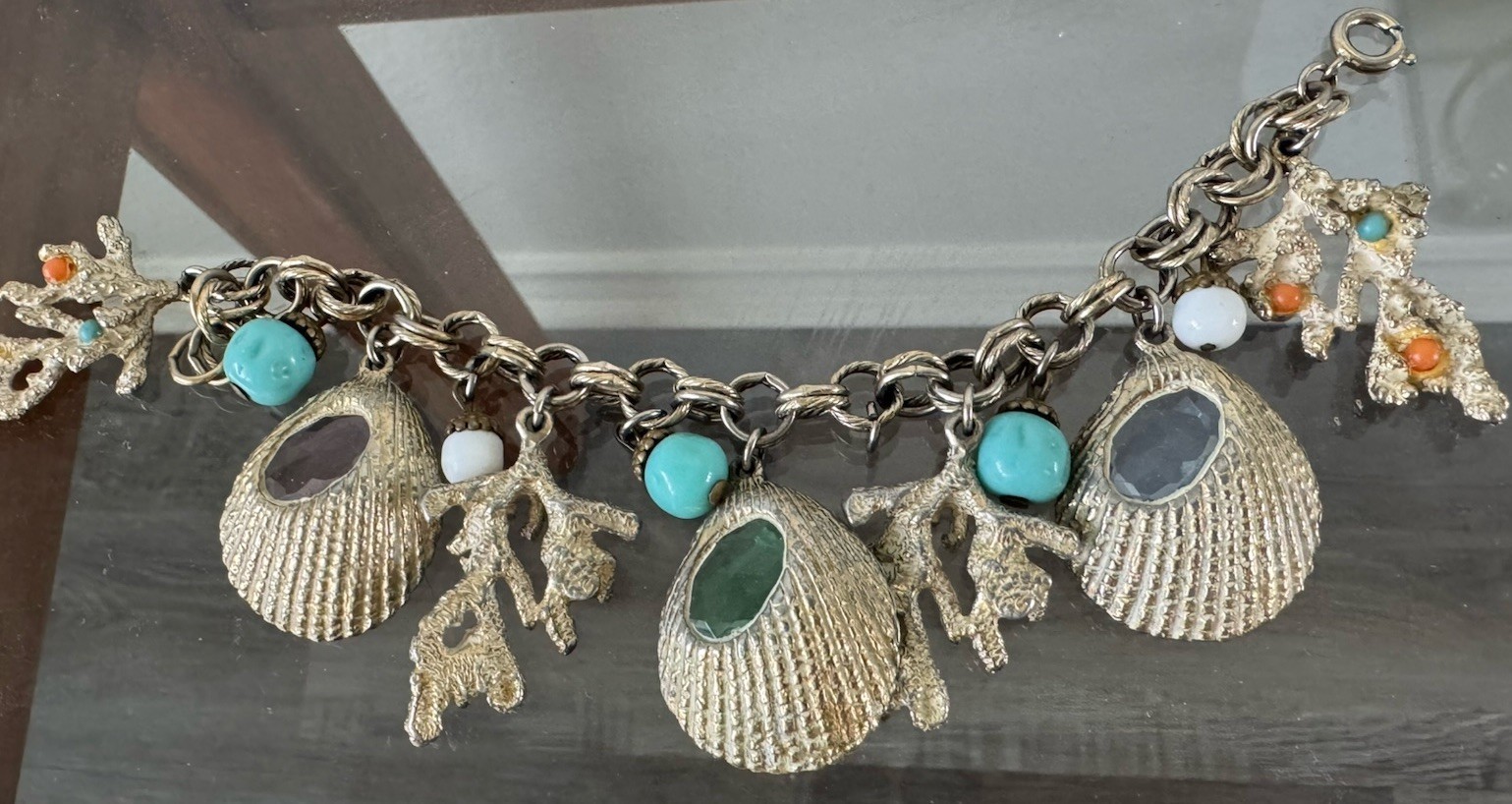 Vintage Chunky Sea Shell Charm Bracelet Coral Starfish Shell Nautical Crystal