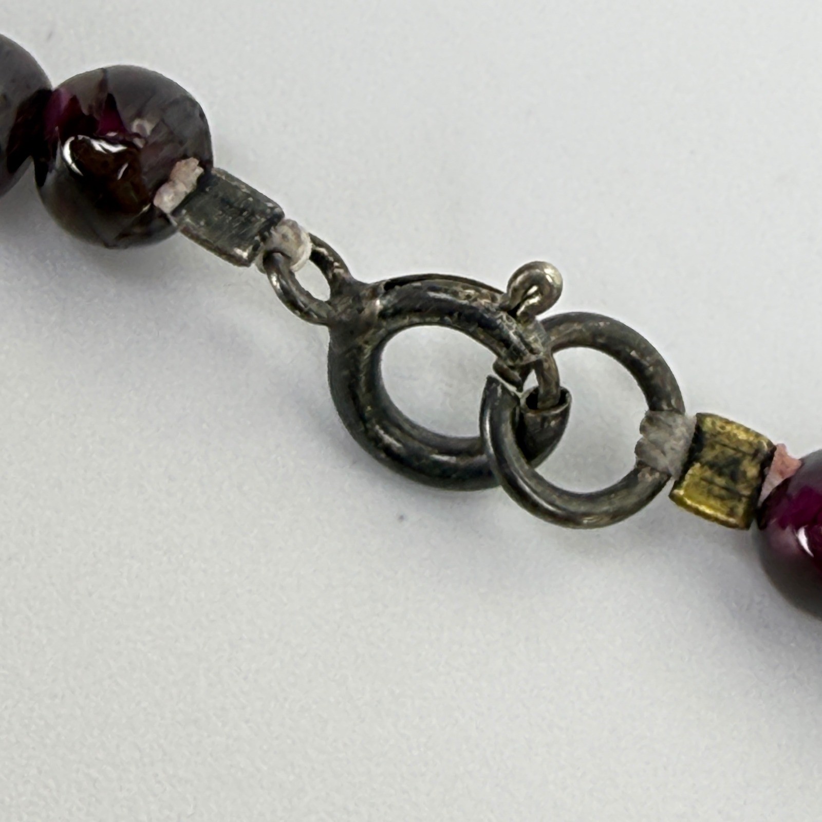 Vintage Round Garnet Bead Strand Necklace Sterling Silver Dark Red Burgundy
