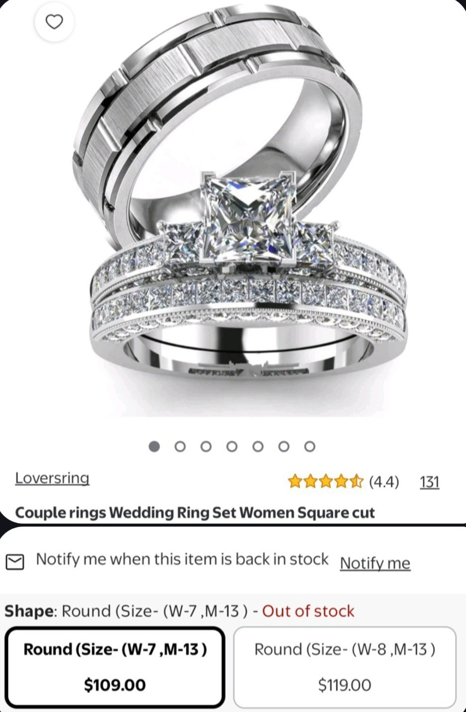 Couples Wedding Ring Set. Stainlesss Steel/Simulated Silver Tone 9,10,11,12,13