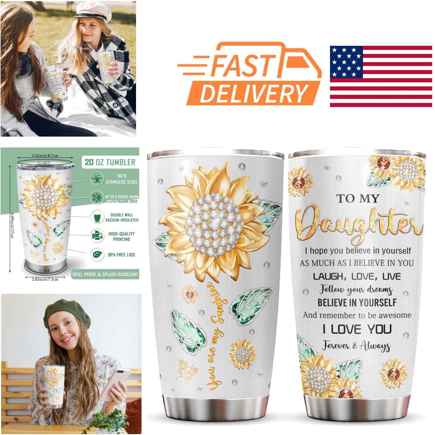 Daughter Gift from Mom Dad 20oz Tumbler Insulated Stainless Steel Grey Cup