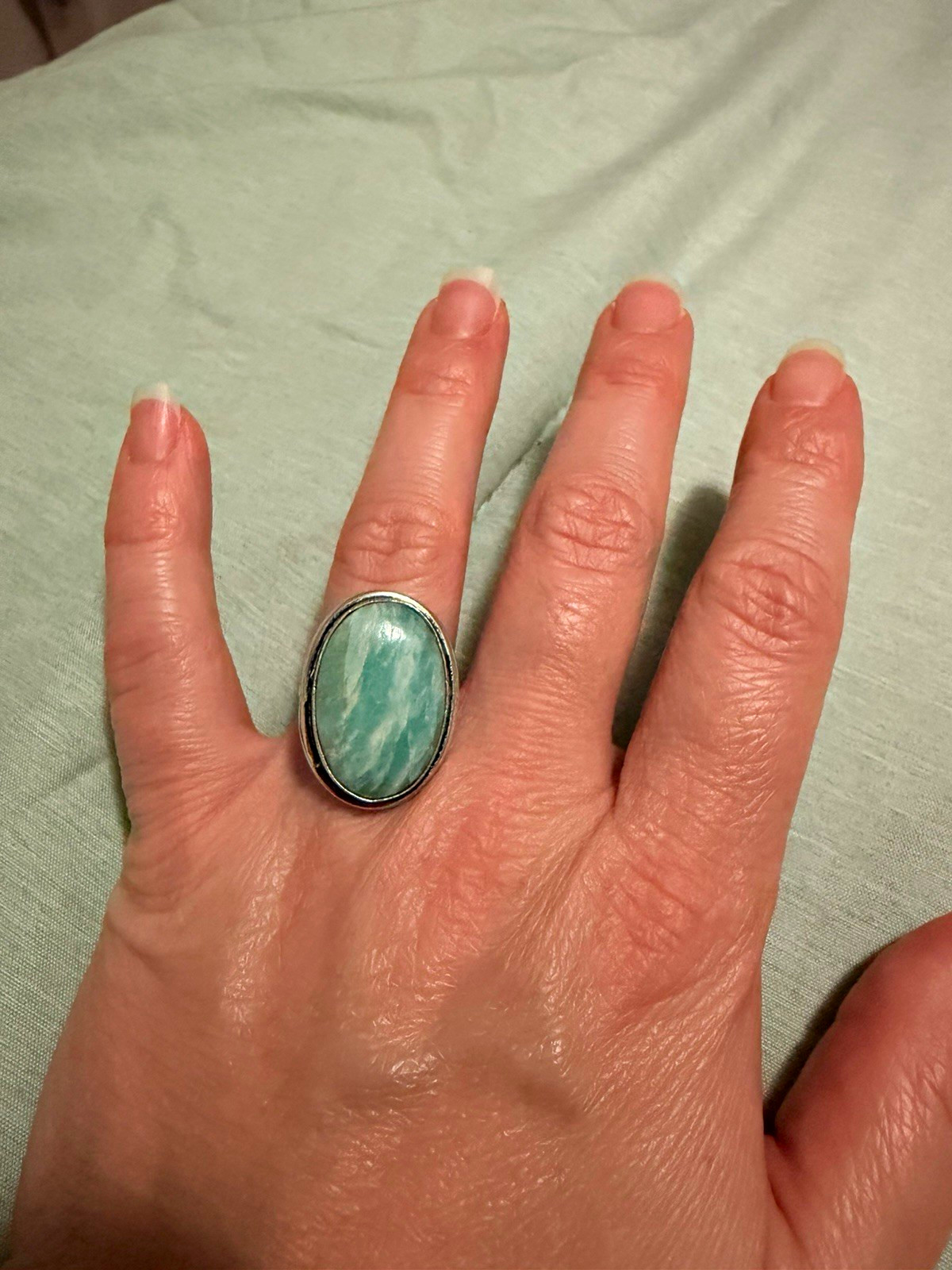 925 Sterling Silver Amazonite Oval Statement Ring Natural Blue Green Gem size7.5