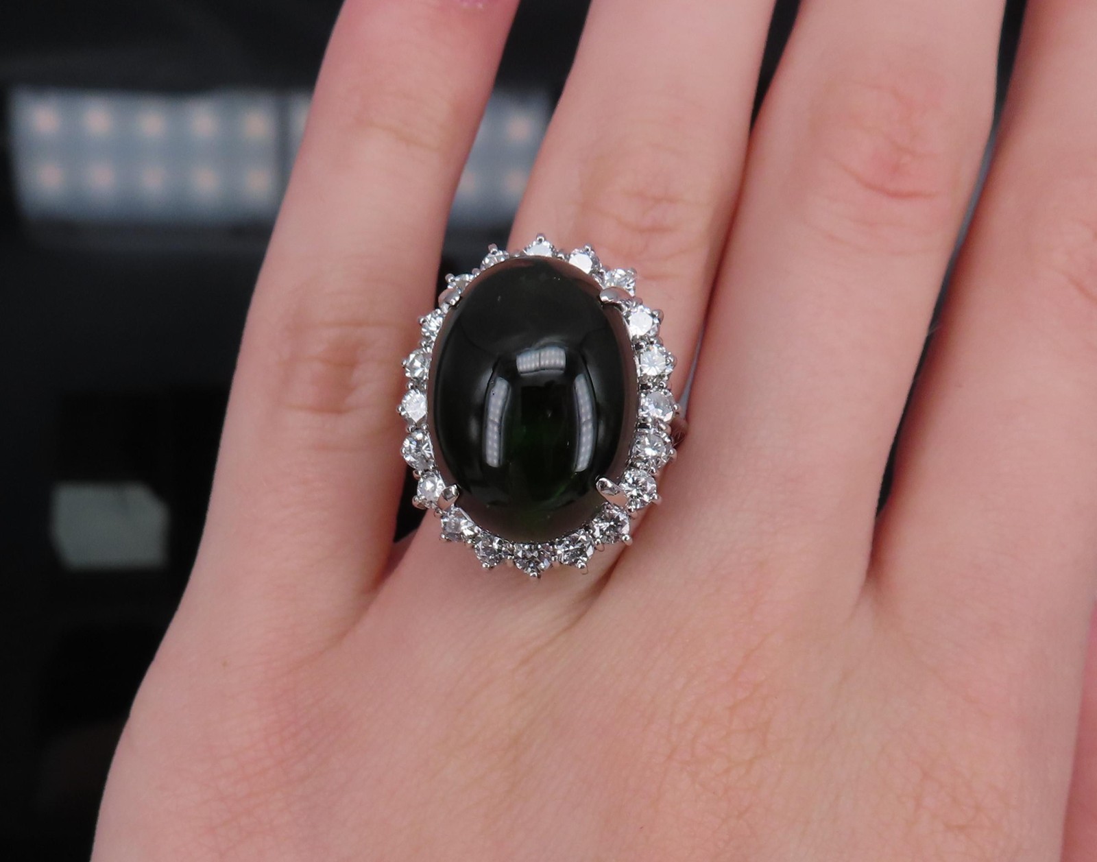 Massive 26.18ct Green Tourmaline 1.83ct Diamond 18K White Gold Ring Size 4.75