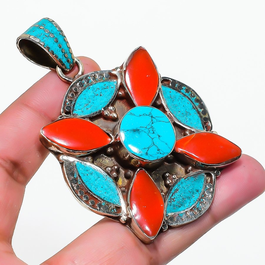 Tibetan Turquoise Coral Bohemian Ethnic Baho Nepali Jewelry Pendant 2.8″ SR 2410