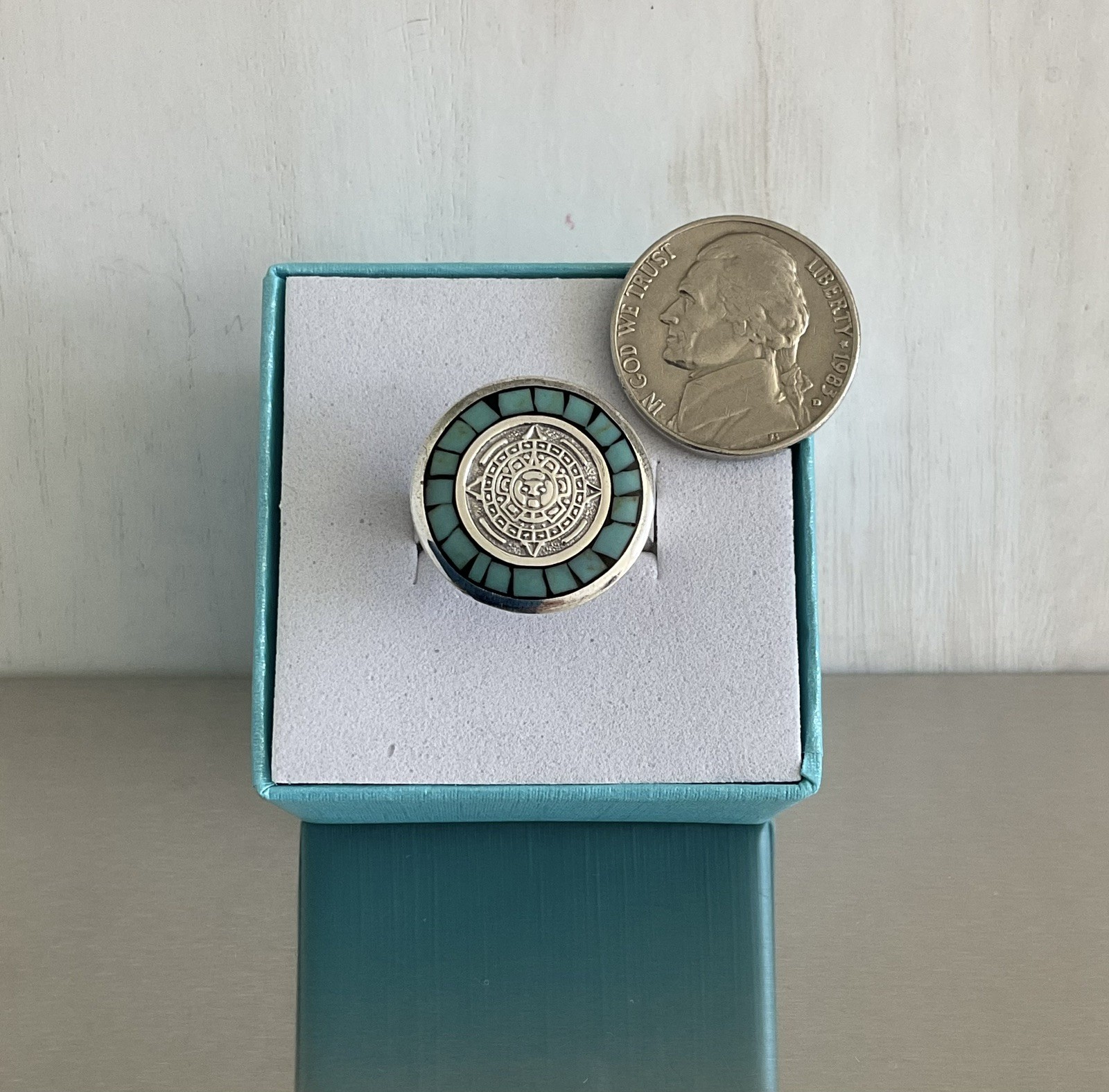 Turquoise Chip Inlay Aztec Calendar Motif Ring 925 Sterling Silver Size 7
