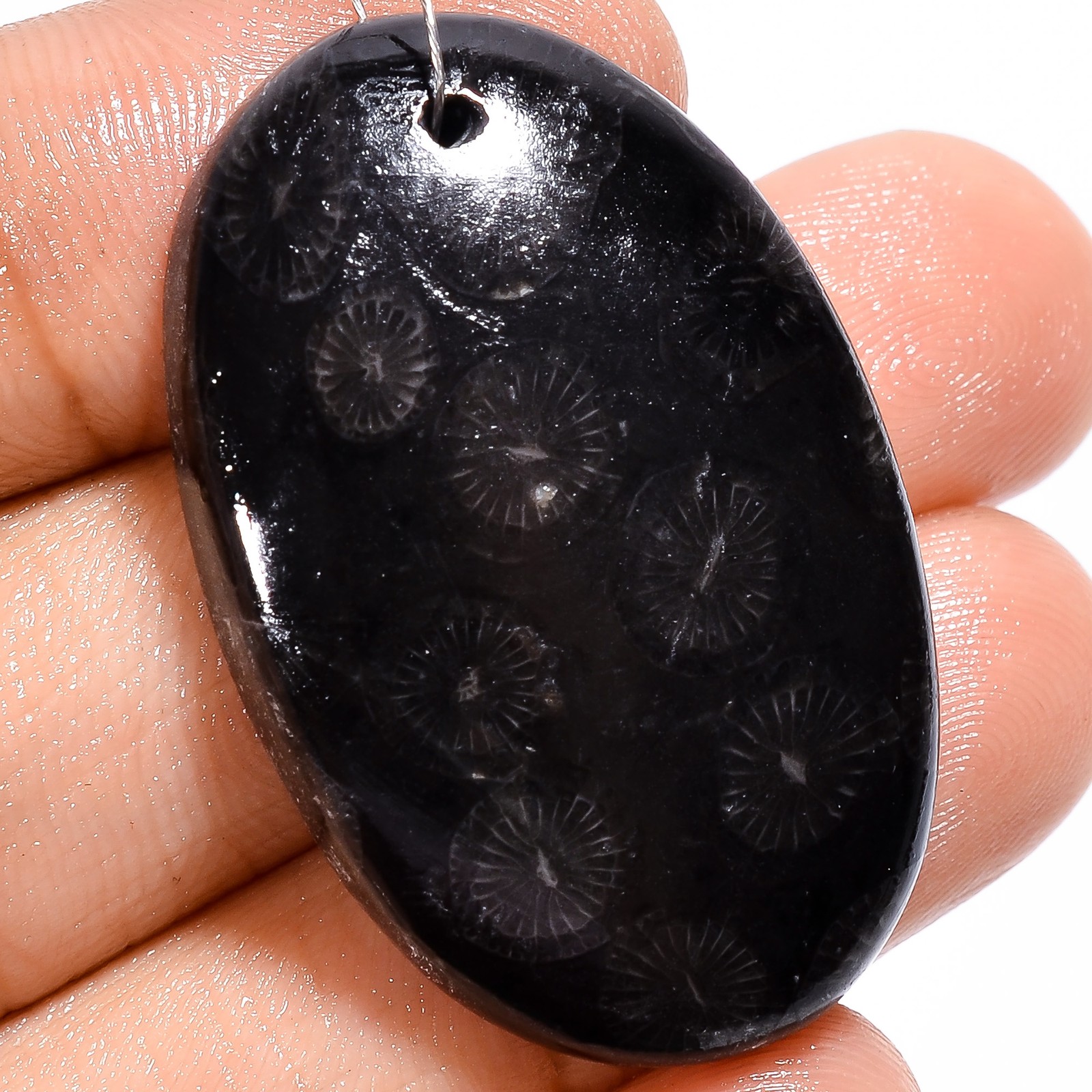 Natural Black Fossil Coral Oval Cabochon Drilled Gemstone 49 Ct 36X22X6mm A24095